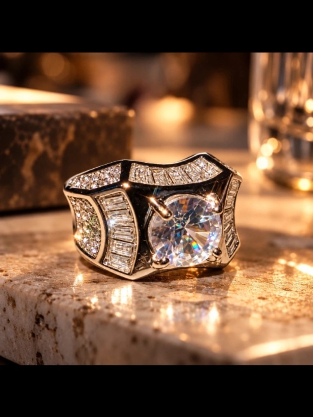 Men's Silver-Tone Statement Ring with Large Clear Stone Size 8